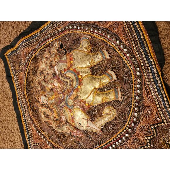Vintage Asian Elephant Tapestry 3D Raised Handcraft Embroidered Sequins Art 21" - Picture 11 of 16